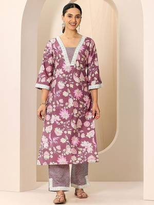 floral printed v-neck kurta with trouser 1