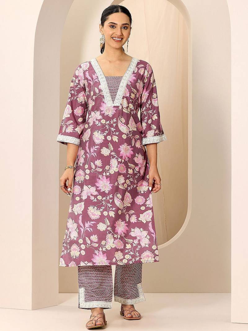 floral printed v-neck kurta with trouser