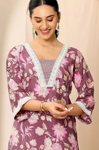 floral printed v-neck kurta with trouser
