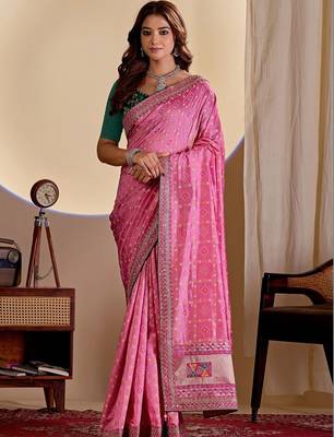 Pink embroidered silk blend designer saree 1