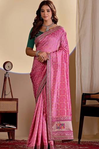Pink embroidered silk blend designer saree