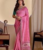 Pink embroidered silk blend designer saree