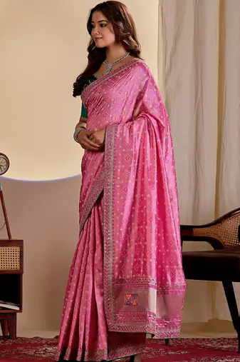 Pink embroidered silk blend designer saree