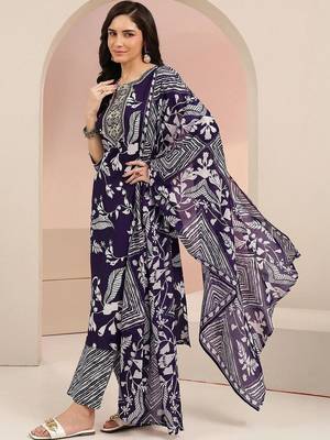 plum purple floral printed cotton blend straight suit set 1