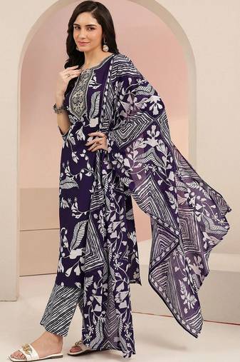 plum purple floral printed cotton blend straight suit set