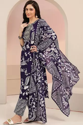 plum purple floral printed cotton blend straight suit set