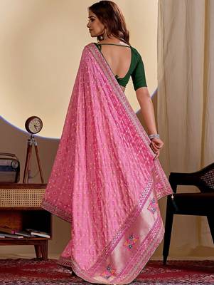 Pink embroidered silk blend designer saree 3
