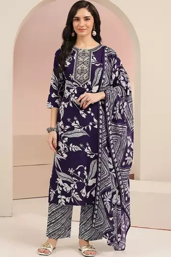plum purple floral printed cotton blend straight suit set