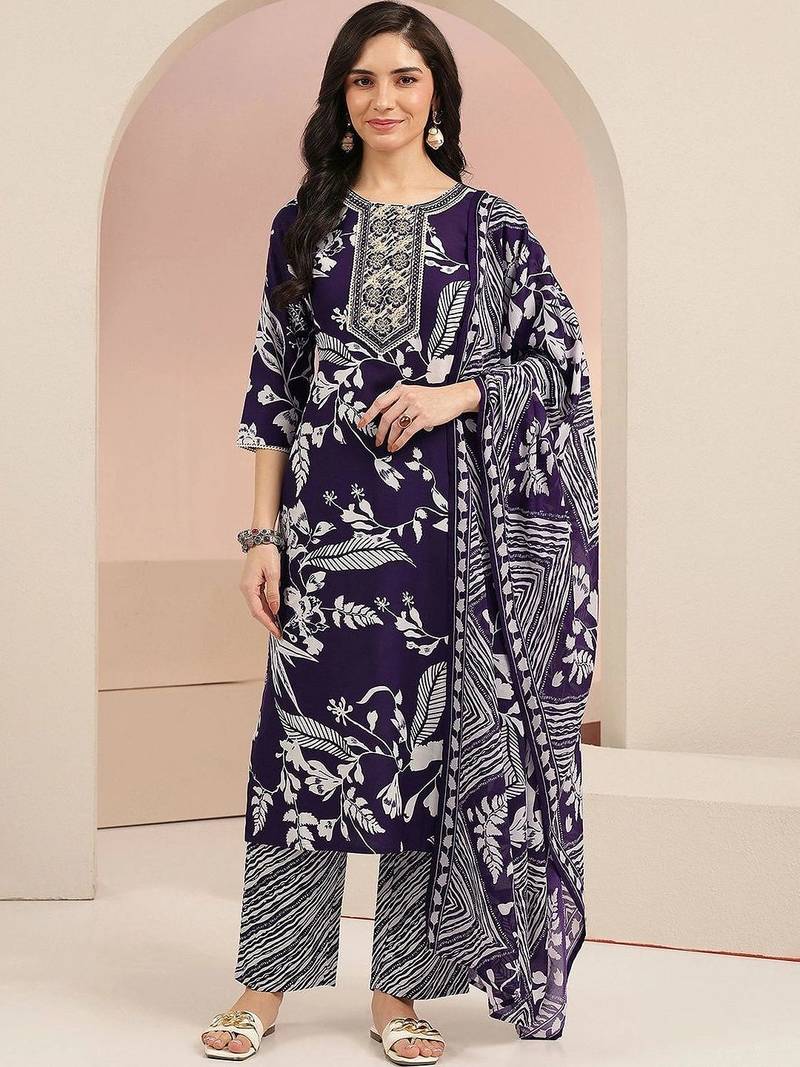 plum purple floral printed cotton blend straight suit set