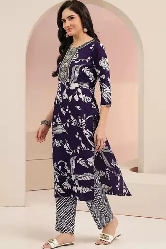 plum purple floral printed cotton blend straight suit set