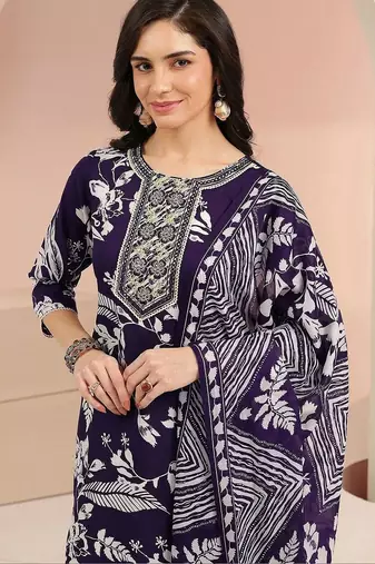 plum purple floral printed cotton blend straight suit set