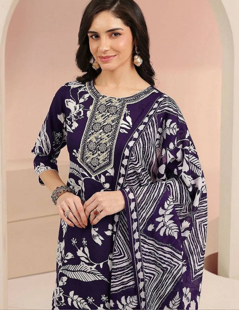 plum purple floral printed cotton blend straight suit set