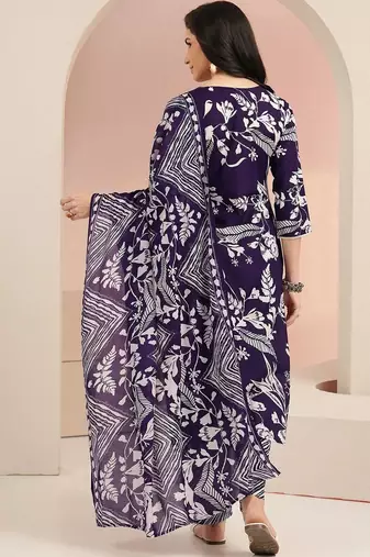plum purple floral printed cotton blend straight suit set