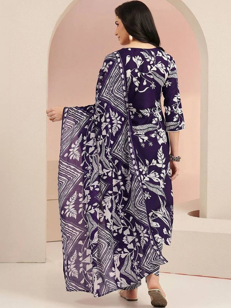 plum purple floral printed cotton blend straight suit set