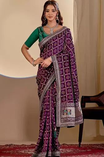 Purple bandhani zari silk blend designer saree