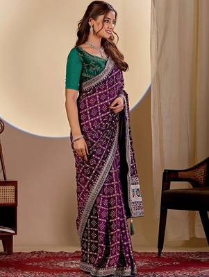 Purple bandhani zari silk blend designer saree 2