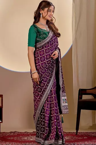 Purple bandhani zari silk blend designer saree