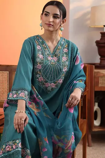 women woven design embroidered a-line kurta with trousers & dupatta