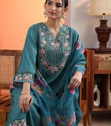 women woven design embroidered a-line kurta with trousers & dupatta
