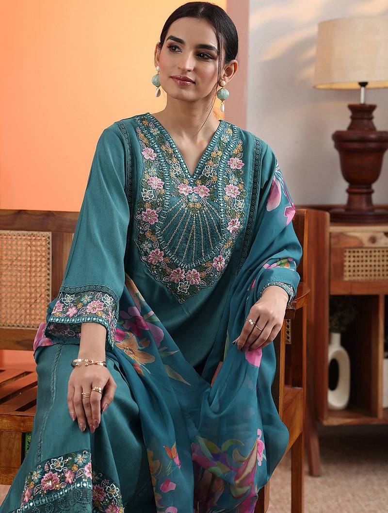 women woven design embroidered a-line kurta with trousers & dupatta