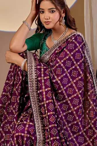 Purple bandhani zari silk blend designer saree