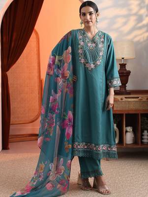 women woven design embroidered a-line kurta with trousers & dupatta 1