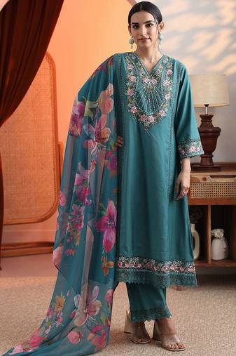 women woven design embroidered a-line kurta with trousers & dupatta