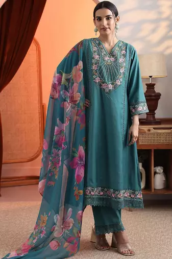 women woven design embroidered a-line kurta with trousers & dupatta