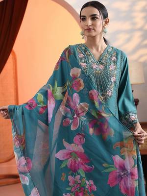 women woven design embroidered a-line kurta with trousers & dupatta 3