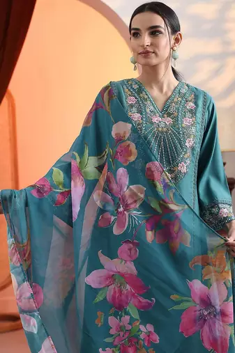 women woven design embroidered a-line kurta with trousers & dupatta