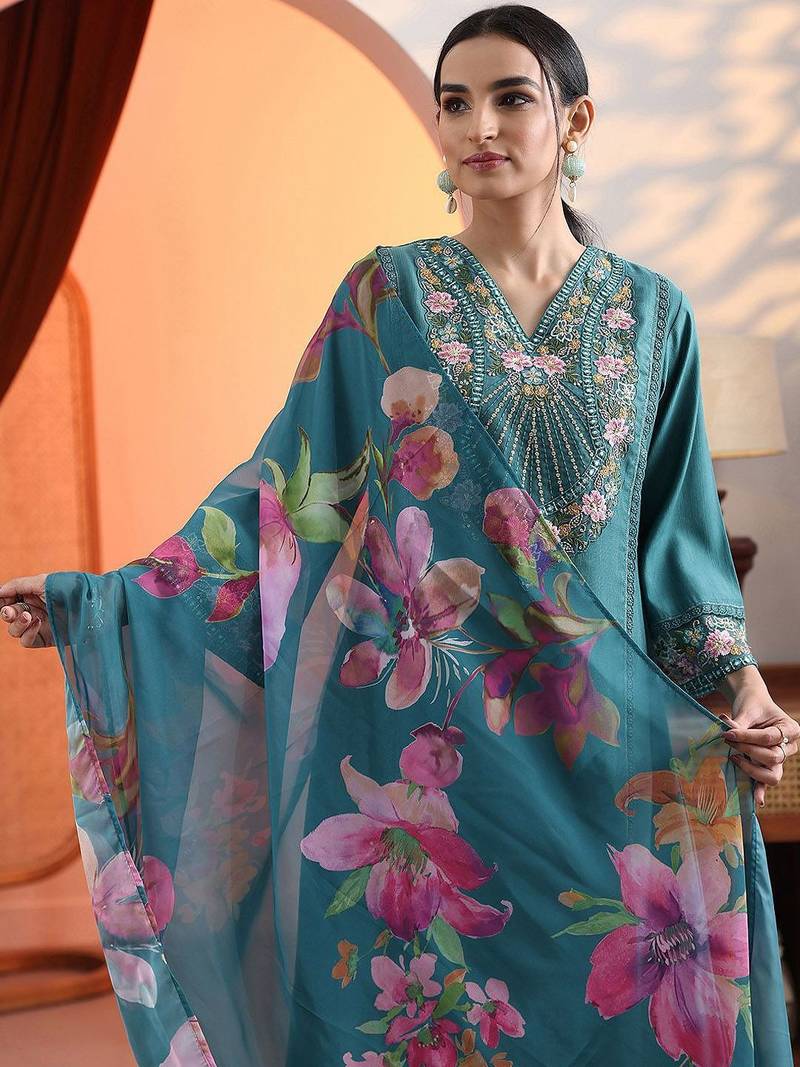 women woven design embroidered a-line kurta with trousers & dupatta