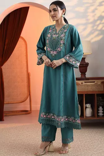 women woven design embroidered a-line kurta with trousers & dupatta