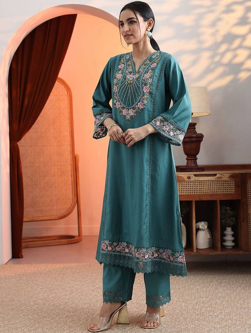 women woven design embroidered a-line kurta with trousers & dupatta