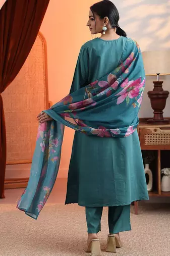 women woven design embroidered a-line kurta with trousers & dupatta