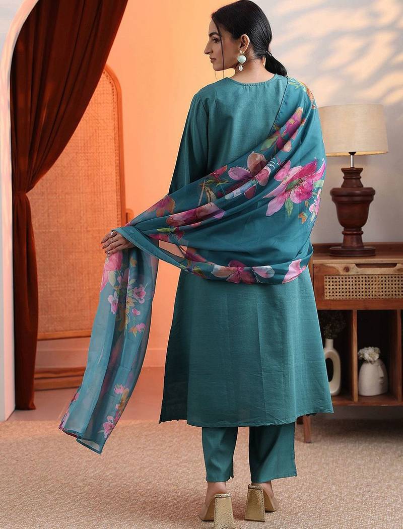 women woven design embroidered a-line kurta with trousers & dupatta