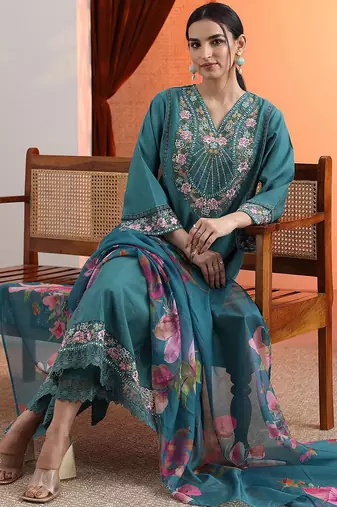 women woven design embroidered a-line kurta with trousers & dupatta