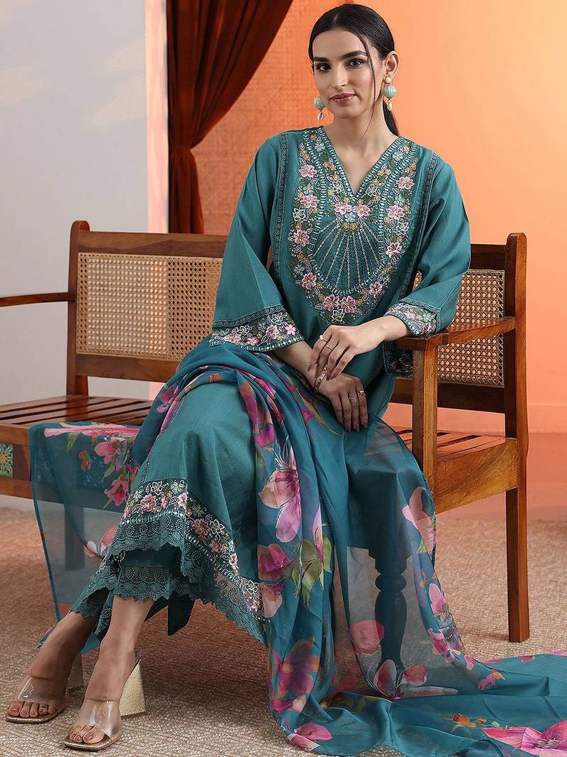 women woven design embroidered a-line kurta with trousers & dupatta