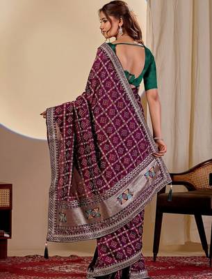 Purple bandhani zari silk blend designer saree 4
