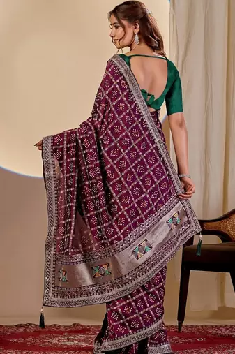 Purple bandhani zari silk blend designer saree