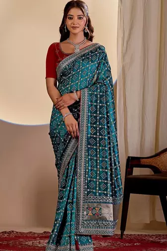 Teal bandhani zari silk blend designer saree