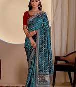 Teal bandhani zari silk blend designer saree