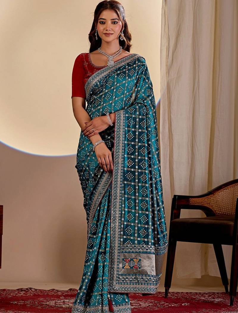 Teal bandhani zari silk blend designer saree