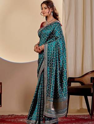 Teal bandhani zari silk blend designer saree 2