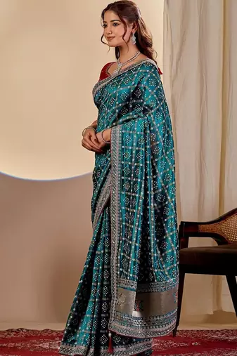Teal bandhani zari silk blend designer saree