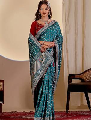 Teal bandhani zari silk blend designer saree 3