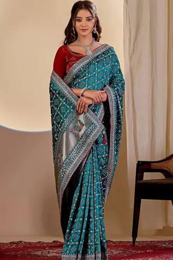 Teal bandhani zari silk blend designer saree