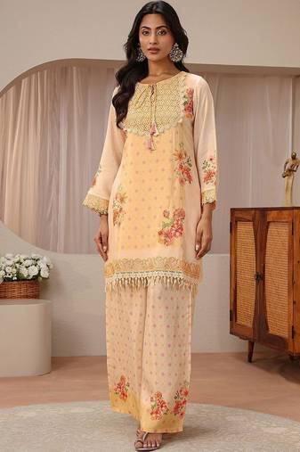 peach floral printed straight kurta set