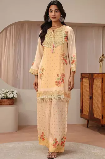 peach floral printed straight kurta set