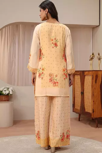 peach floral printed straight kurta set