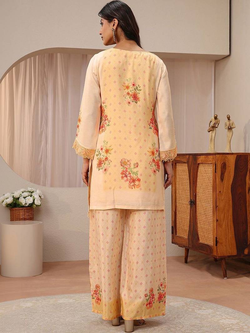 peach floral printed straight kurta set